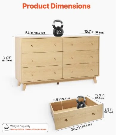 VEVOR 6 Drawer Dresser Wooden Chest of Drawers with Sliding with Anti-tip Device