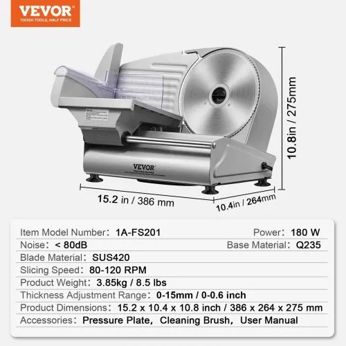 VEVOR Meat Slicer, 180W Electric Deli Food Slicer with 7.5&quot; SUS420 Stainless Steel Blade and Blade Guard, 0 - 0.6 inch Adjustable Thickness for Home Use, Easy to Clean, Cut Meat, Bread, Ham and Cheese