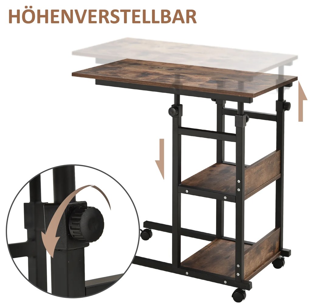 Τραπεζάκι σαλονιού με ροδάκια, ρυθμιζόμενο ύψος, συμπαγές, 2 ράφια, μεταλλικό πλαίσιο, 80x40x72-82 cm, Καφέ/Μαύρο