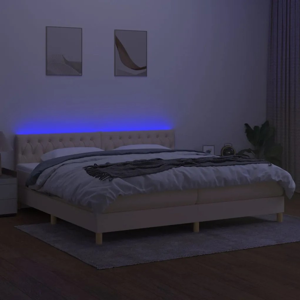 vidaXL Κρεβάτι Boxspring με Στρώμα & LED Κρεμ 200x200 εκ. Υφασμάτινο