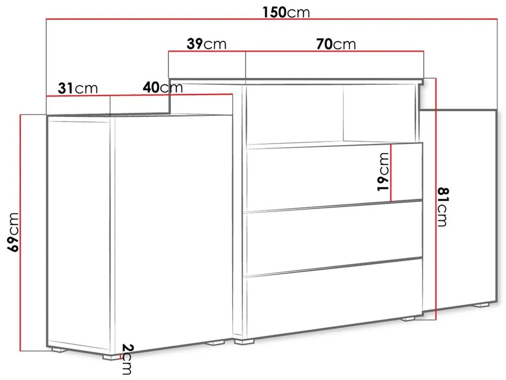Σιφονιέρα Sarasota 127, Wotan δρυς, Γυαλιστερό λευκό, Με συρτάρια και ντουλάπια, Αριθμός συρταριών: 3, 81x150x39cm, 56 kg | Epipla1.gr