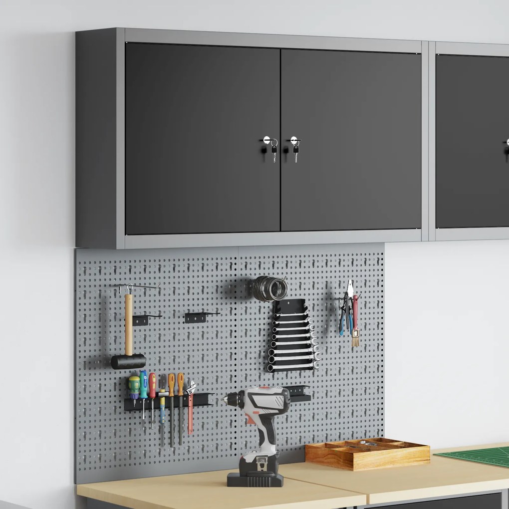 vidaXL Set εργαλείων 3 τμχ και πίνακας οργάνωσης τοίχου Μαύρος Μετάλλου