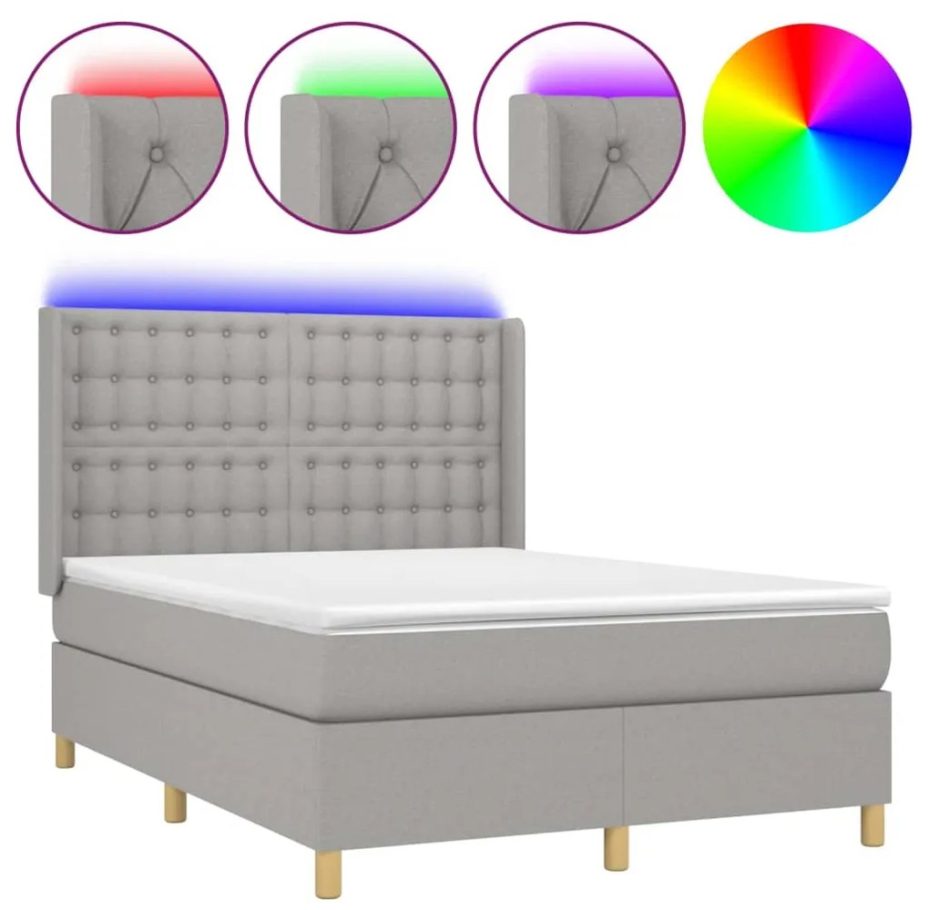 vidaXL Κρεβάτι Boxspring με Στρώμα & LED Αν.Γκρι 140x200εκ. Υφασμάτινο