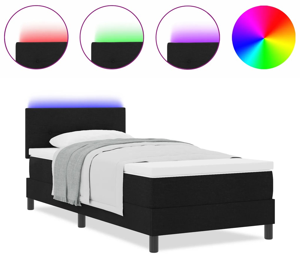 vidaXL Κρεβάτι Box Spring με Στρώμα & LED Μαύρο 90x190 εκ. Υφάσματος
