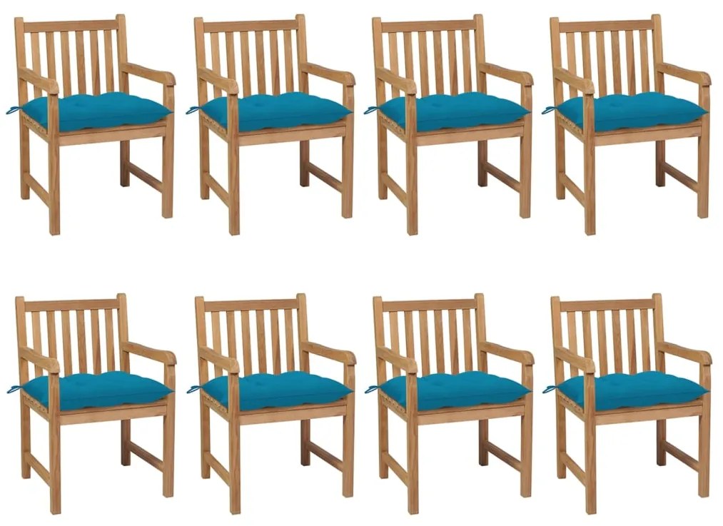 Καρέκλες Κήπου 8 τεμ. από Μασίφ Ξύλο Teak με Γαλάζια Μαξιλάρια