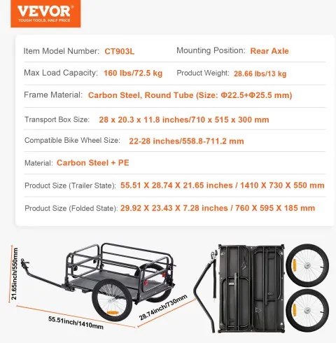 VEVOR Bike Cargo Trailer, 160 lbs Load Capacity, Heavy-Duty Bicycle Wagon Cart, Foldable Compact Storage &amp; Quick Release with Universal Hitch, 16&quot; Wheels, Safe Reflectors, Fits 22&quot;-28&quot; Bike Wheels
