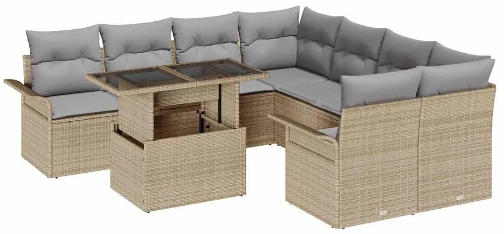 vidaXL Σετ Καναπέ Κήπου με μαξιλάρι 9 pcs Μπεζ Πολυ Ρατάν
