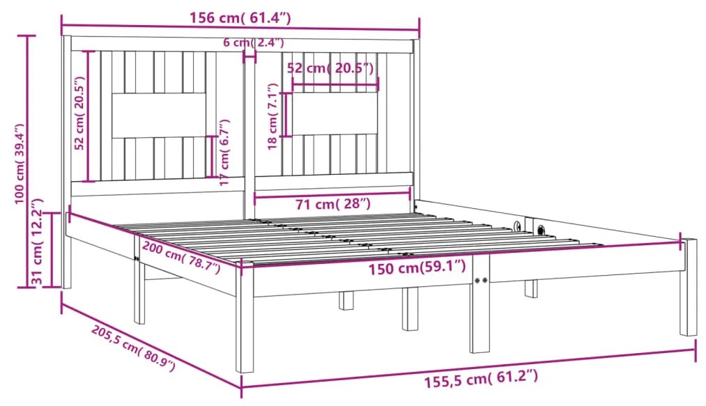 vidaXL Πλαίσιο Κρεβατιού Γκρι 150 x 200 εκ. Μασίφ Ξύλο King Size