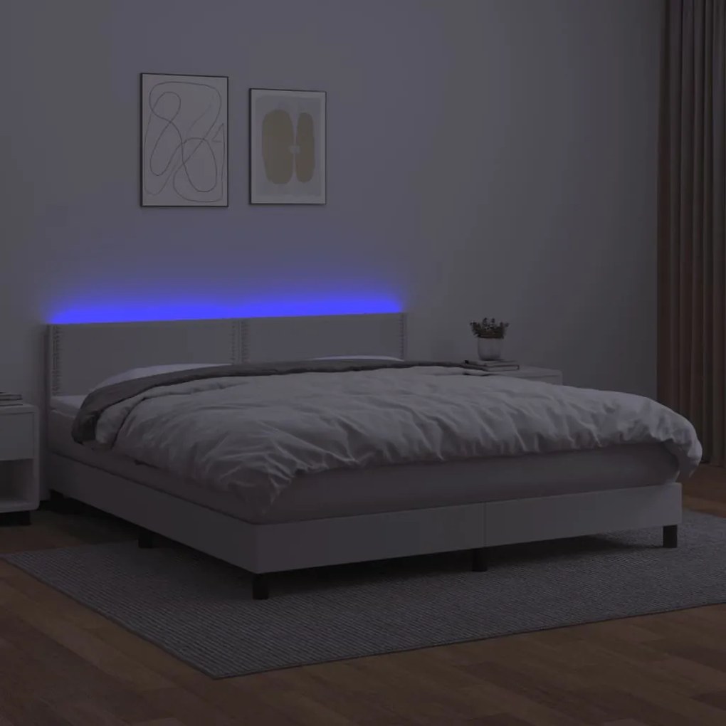 vidaXL Κρεβάτι Boxspring με Στρώμα & LED Λευκό 180x200 εκ. Συνθ. Δέρμα