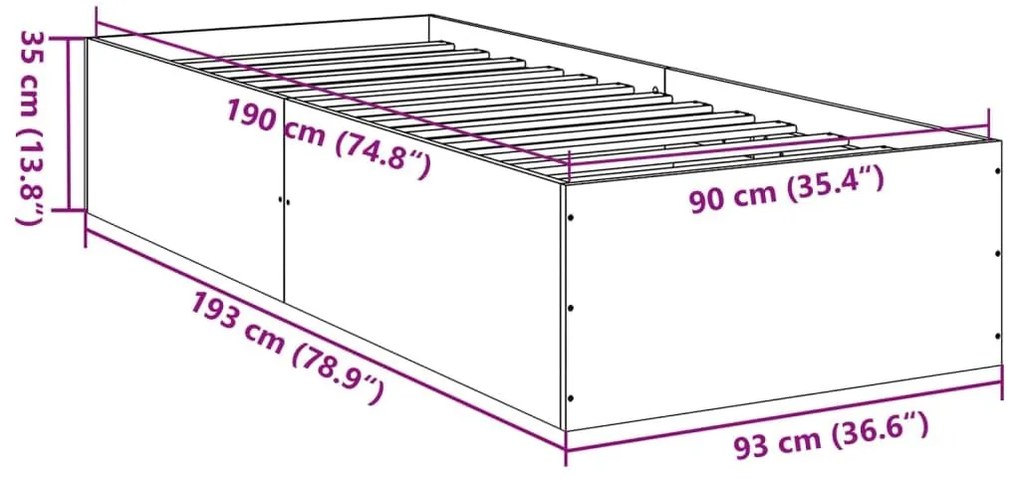 Πλαίσιο Κρεβατιού Γκρι Σκυροδέματος 90 x 190 εκ. Επεξεργ. Ξύλο - Γκρι