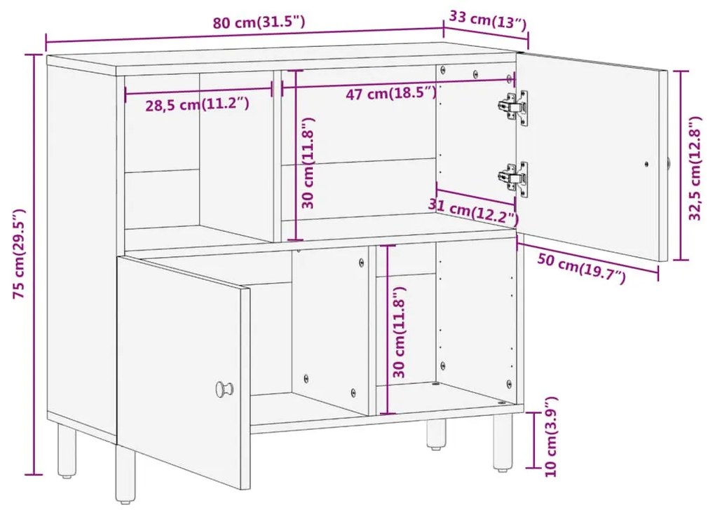 Βοηθητικό Ντουλάπι 80 x 33 x 75 εκ. από Μασίφ Ξύλο Μάνγκο - Καφέ