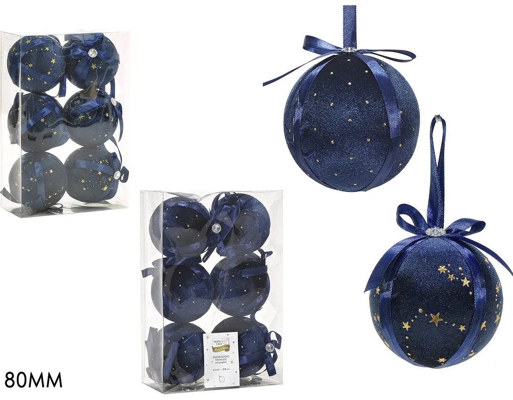 Χριστουγεννιάτικη Μπάλα Μπλε 80mm Σετ 6Τμχ Σε 2 Σχέδια