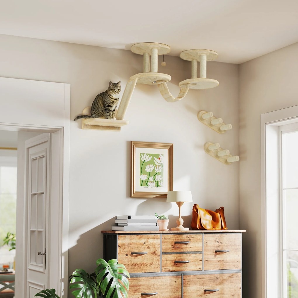 Σετ σκάλες για γάτες PawHut, τοποθέτηση σε τοίχο και οροφή, για γάτες έως 5 kg, μπεζ