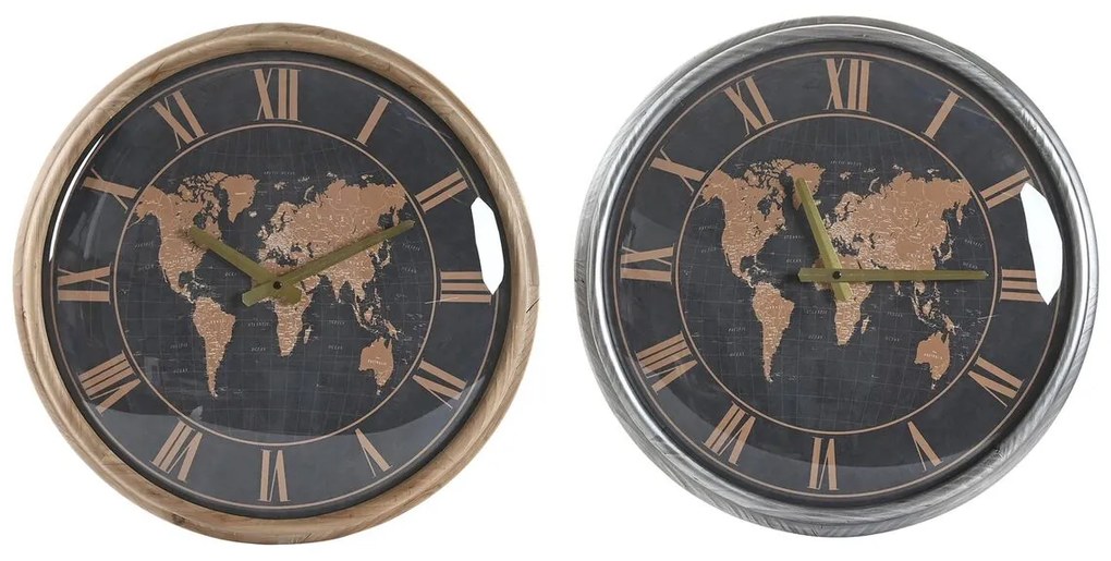 Ρολόι Τοίχου DKD Home Decor 46 x 6,5 x 46 cm Κρυστάλλινο Ασημί Μαύρο Χρυσό Καφέ Σίδερο Παγκόσμιος Χάρτης (x2)