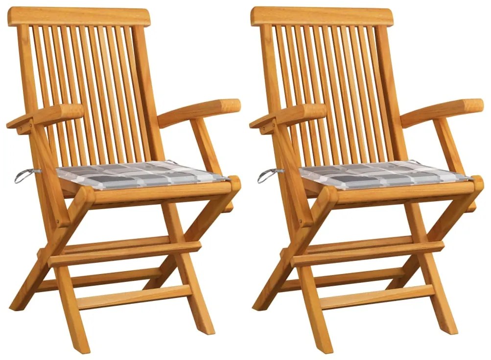 vidaXL Καρέκλες Κήπου 2 τεμ. Μασίφ Ξύλο Teak με Γκρι Καρό Μαξιλάρια
