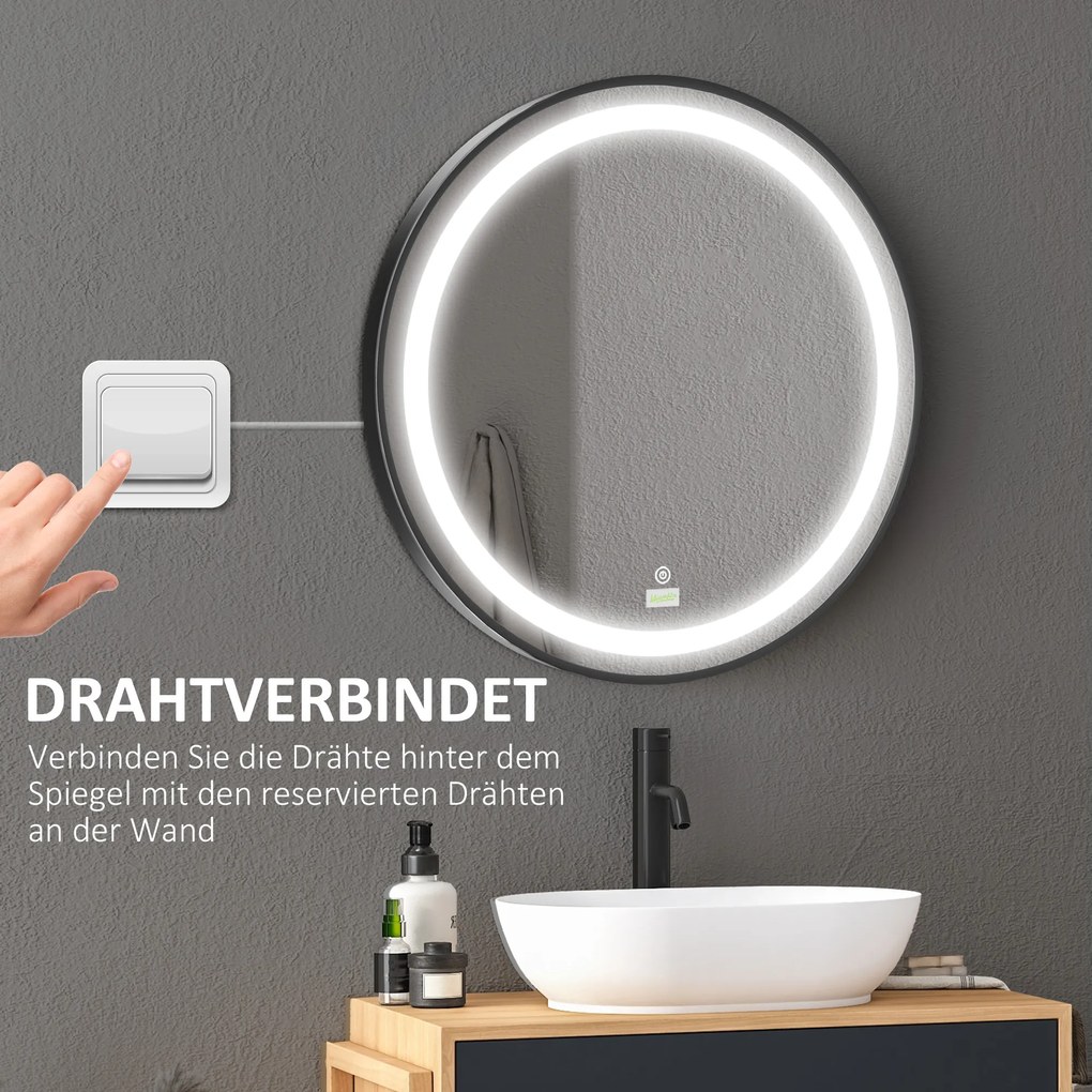 kleankin Καθρέφτης μπάνιου, φωτισμός LED, dimmable, 3 χρώματα φωτός, μεταλλικό πλαίσιο, Ø60 cm, Μαύρο