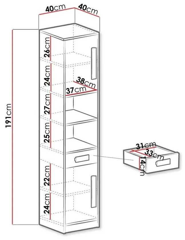 Βιβλιοθήκη Akron H104, Κλειστό, Με συρτάρια, Με πόρτες, Πλαστικοποιημένη μοριοσανίδα, Ο αριθμός των θυρών: 2, Αριθμός συρταριών: 1, 191x40x40cm