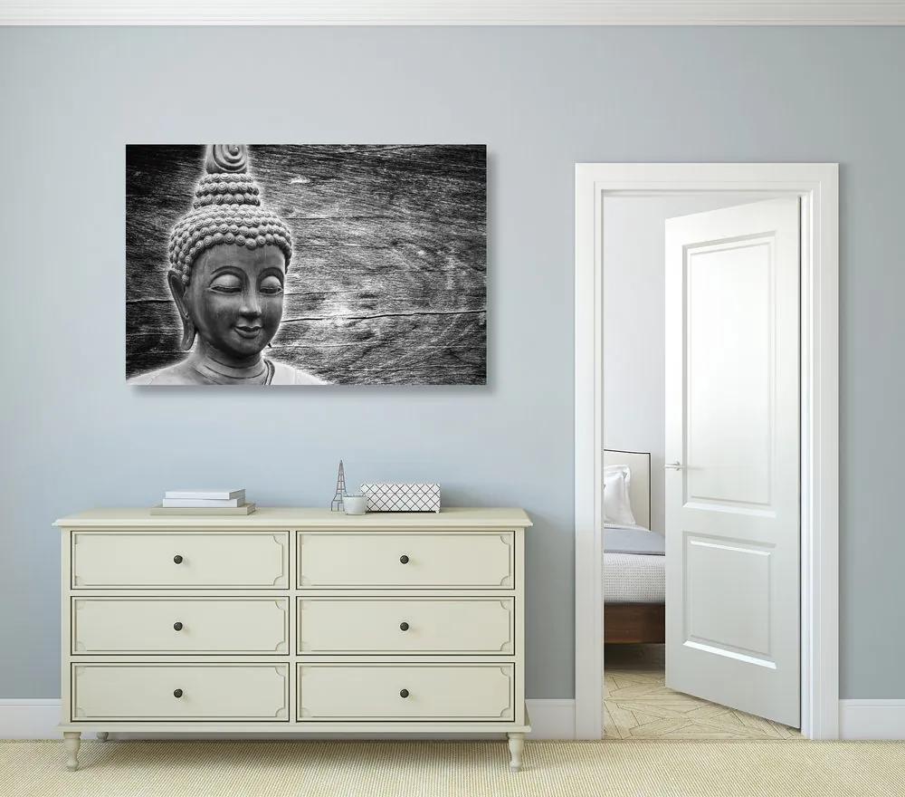 Εικόνα του αγάλματος του Βούδα σε ξύλινο φόντο σε ασπρόμαυρο σχέδιο
