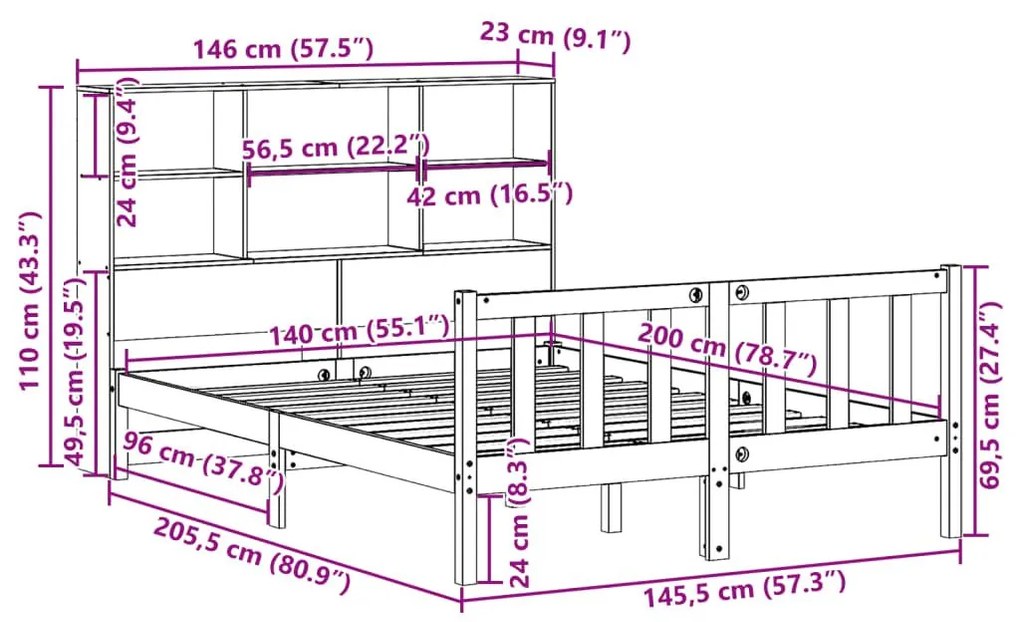 Κρεβάτι Βιβλιοθήκη Χωρίς Στρώμα 140x200 εκ Μασίφ Ξύλο Πεύκο - Λευκό