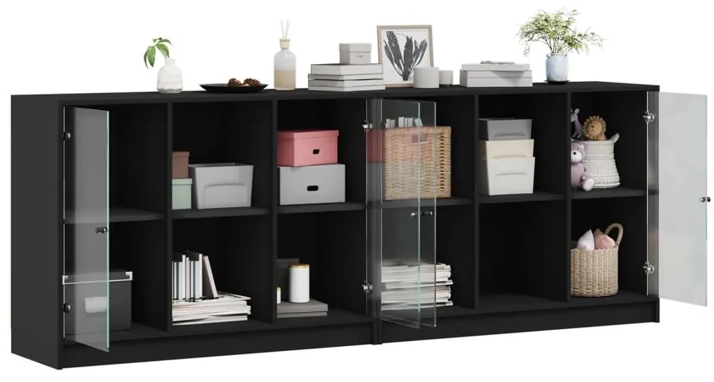 vidaXL Βιβλιοθήκη με Πόρτες Μαύρη 204x37x75 εκ. Επεξ. Ξύλο