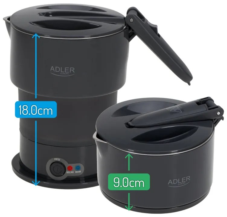 Τουριστικός ηλεκτρικός βραστήρας Adler AD 1377, 600W, 0,6 l, Αναδιπλούμενο σώμα σιλικόνης, Προστασία υπερθέρμανσης, Ένδειξη φωτός, Γκρι/Μαύρο