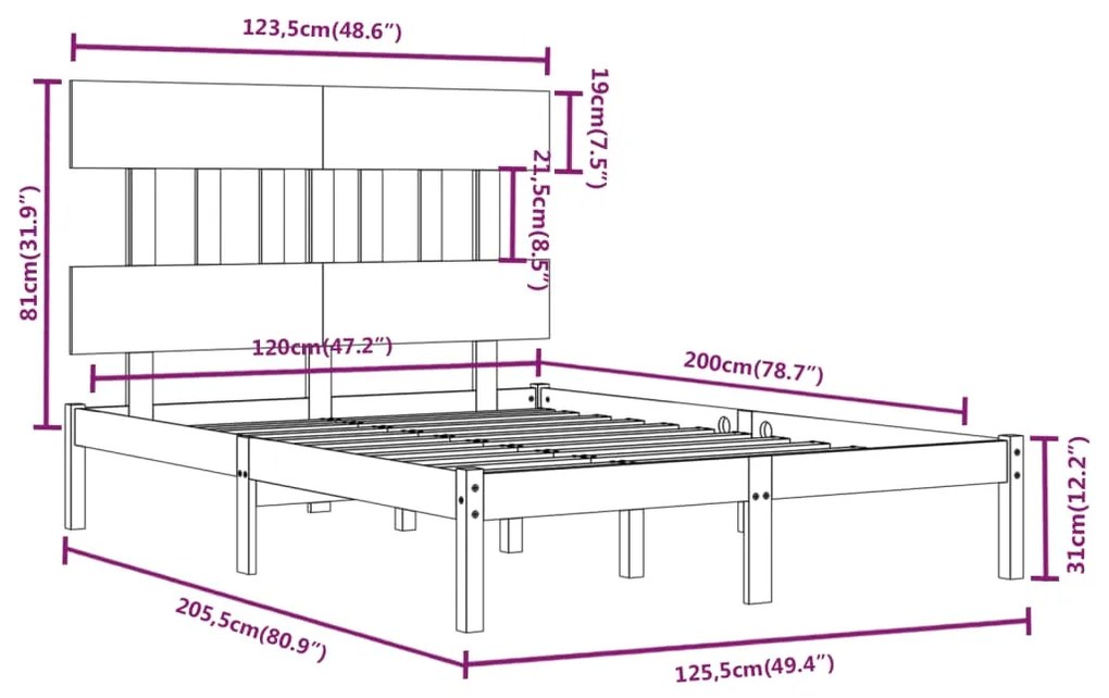 vidaXL Πλαίσιο Κρεβατιού Γκρι 120 x 200 εκ. από Μασίφ Ξύλο