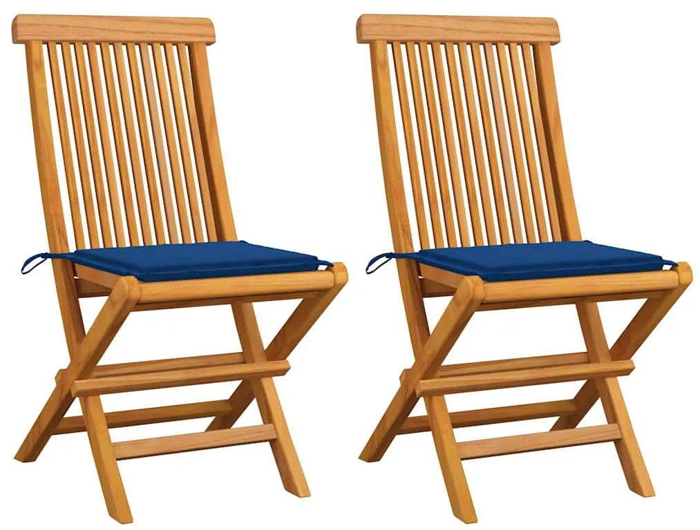 vidaXL Καρέκλες Κήπου 2 τεμ. Μασίφ Ξύλο Teak με Μπλε Ρουά Μαξιλάρια