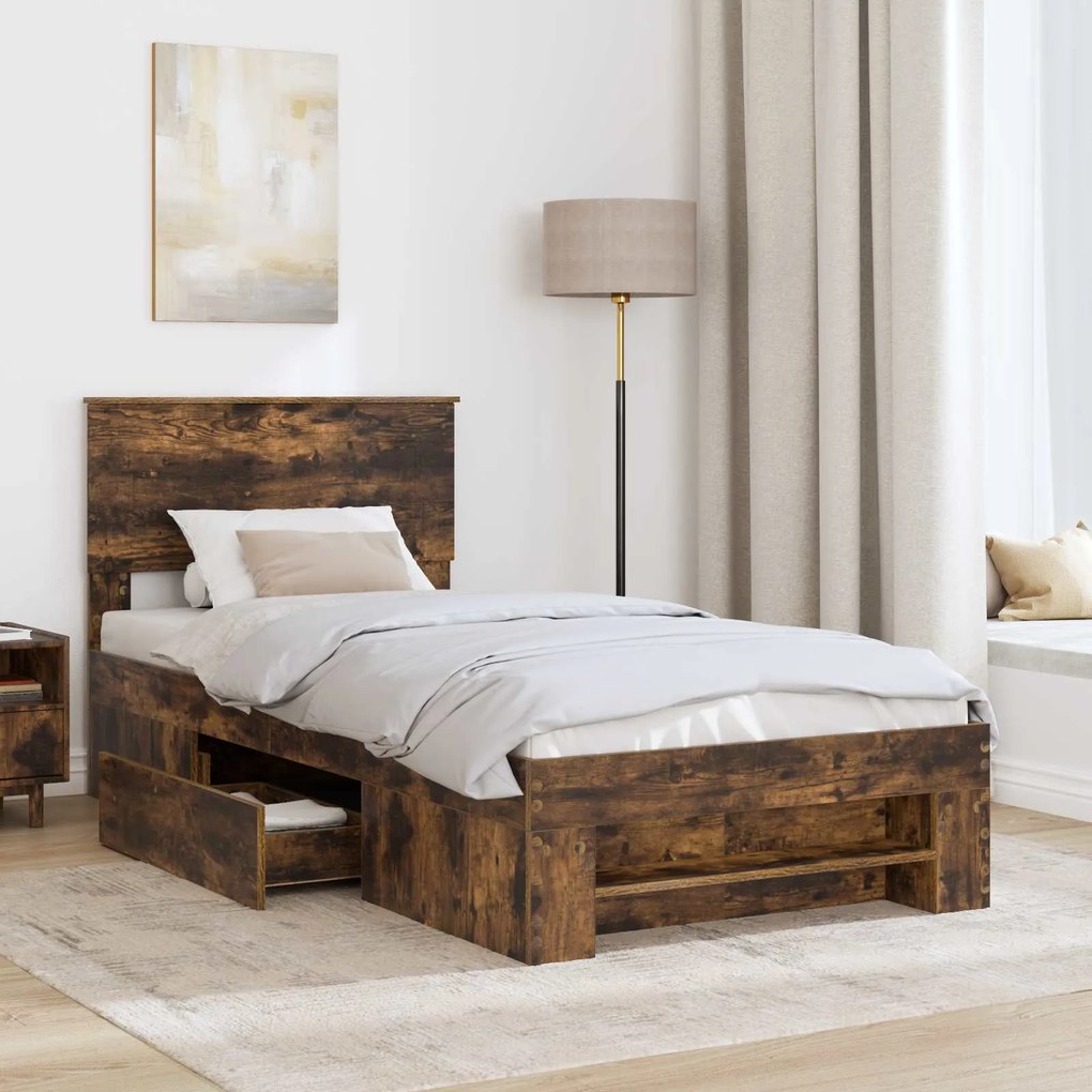 vidaXL Σκελετός Κρεβατιού Καπνιστό Δρύς 100 x 200 μ Επεξεργασμένο ξύλο