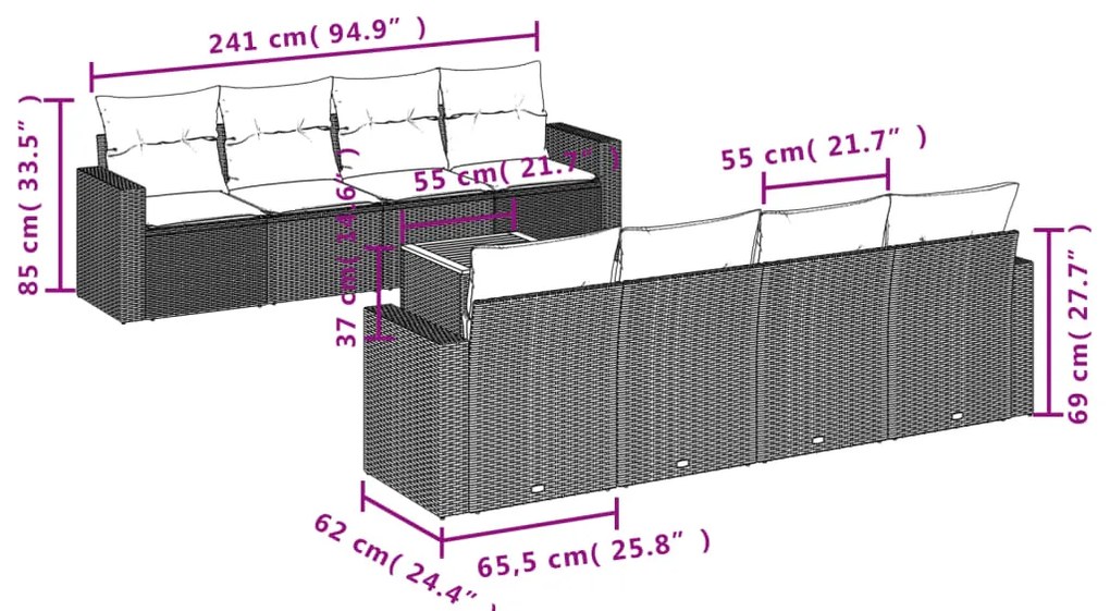 vidaXL Σαλόνι Κήπου Σετ 9 Τεμαχίων Γκρι Συνθετικό Ρατάν με Μαξιλάρια