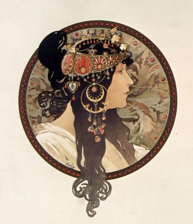 Αναπαραγωγή Byzantine head of a brunette; Tete byzantine d'une brunette, Alfons Mucha