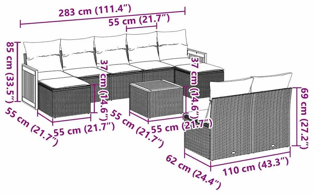 vidaXL Σαλόνι Κήπου Σετ 10 Τεμαχίων Μαύρο Συνθετικό Ρατάν με Μαξιλάρια