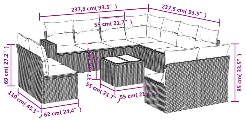 vidaXL Σαλόνι Κήπου 12 Τεμαχίων Μαύρο Συνθετικό Ρατάν με Μαξιλάρια