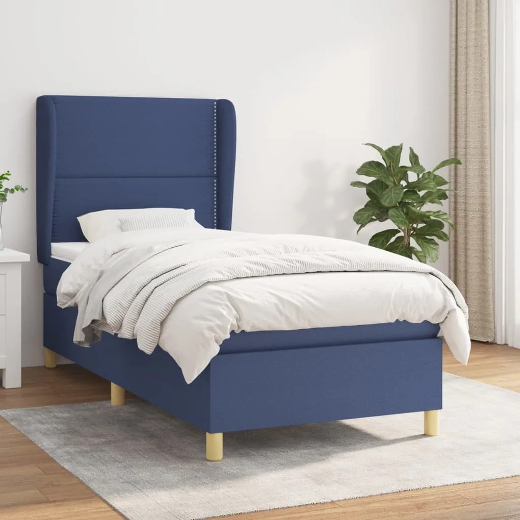 vidaXL Κρεβάτι Boxspring με Στρώμα Μπλε 90x200 εκ.Υφασμάτινο