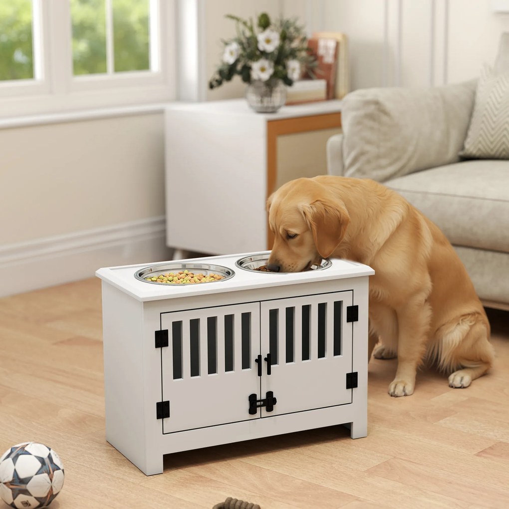 PawHut Ανυψωμένος Σταθμός Τροφοδοσίας για Μεγάλα Σκυλιά, 2 Ανοξείδωτα Μπολ, Χώρος Αποθήκευσης, 35,5x60x30 cm, Λευκό