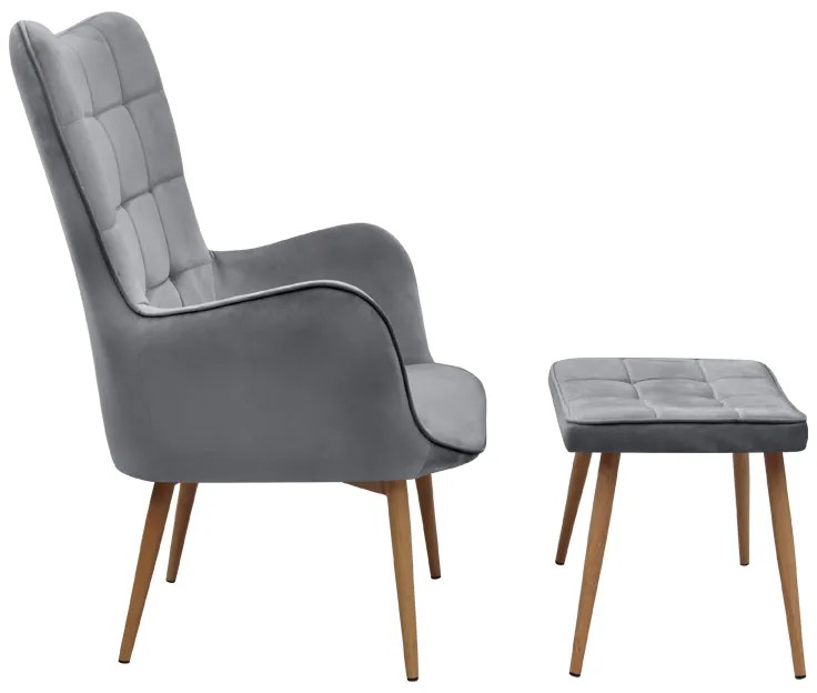 Πολυθρόνα - Μπερζέρα με υποπόδιο Lily Megapap γκρι βελούδο - μεταλλικό πόδι χρώμα φυσικό 70x62x98εκ.