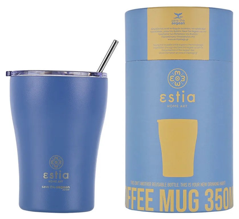 Estia 01-12182 Coffee Mug Save The Aegean Ποτήρι Θερμός με Καλαμάκι Denim Blue 350ml