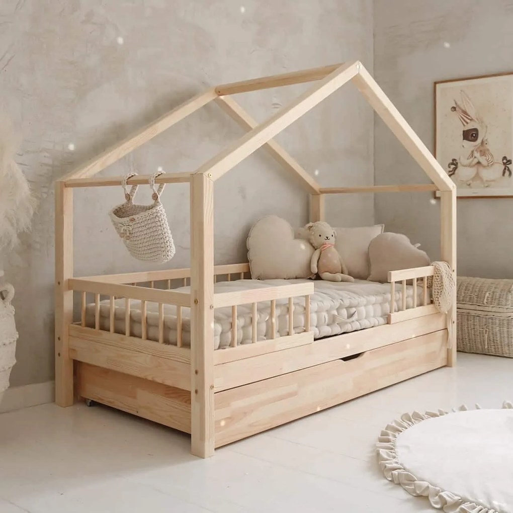 Κρεβάτι Παιδικό Montessori HouseBed Bello Duo Plus με Αφαιρούμενα Κάγκελα 23cm  + Συρτάρι σε Φυσικό  Ξύλο  90×200cm  Luletto (Δώρο 10% έκπτωση στο Στρώμα)