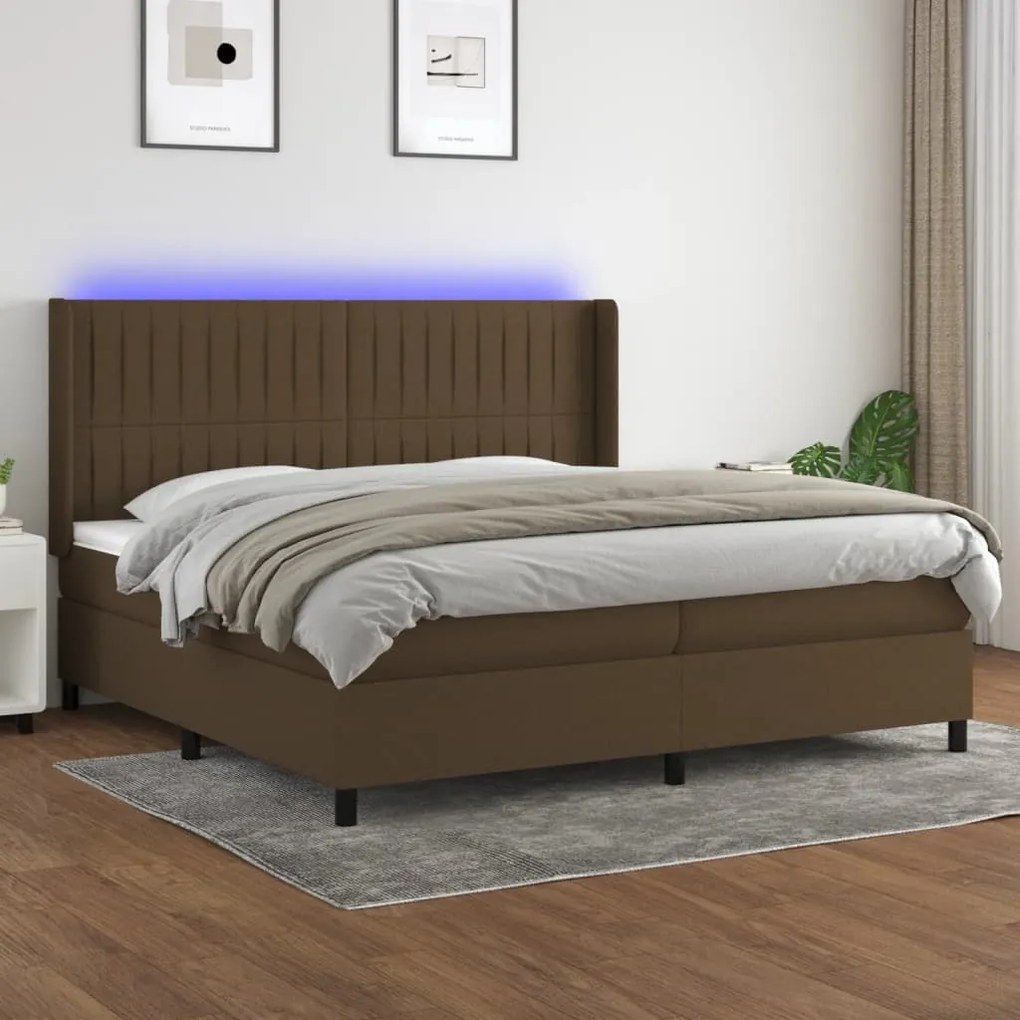 vidaXL Κρεβάτι Boxspring με Στρώμα & LED Σκ.Καφέ 200x200εκ. Υφασμάτινο