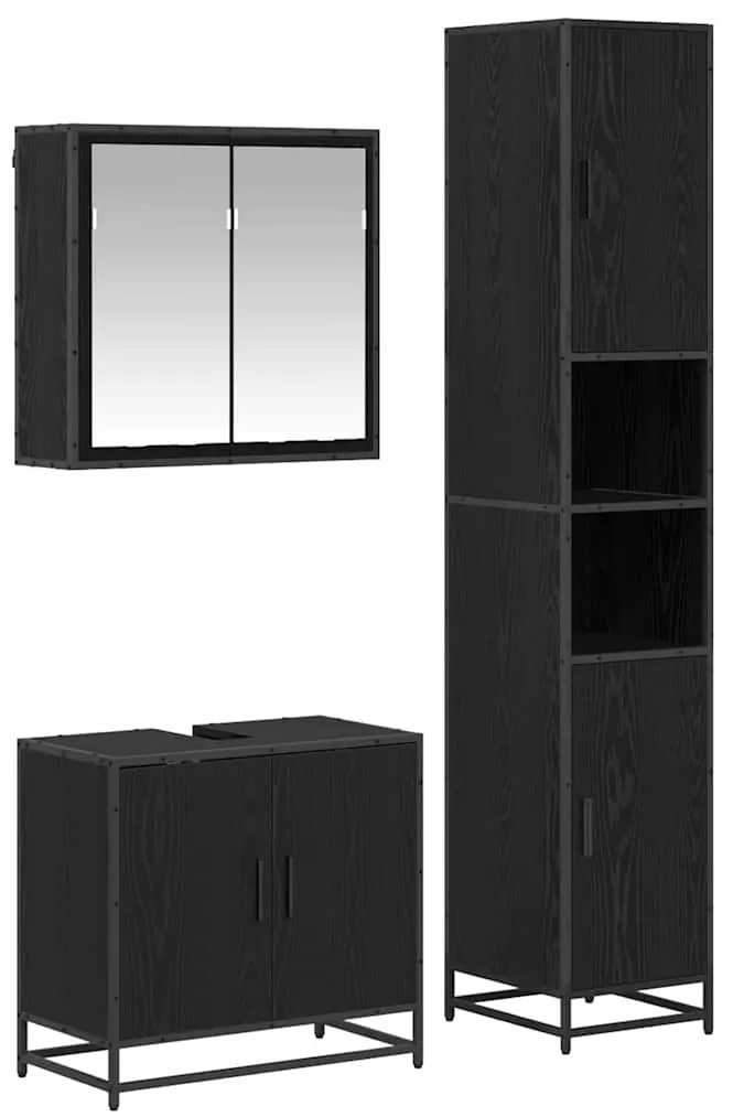 vidaXL Σετ Επίπλων Μπάνιου με ράφι 3 pcs Μαύρη Οξυά Επεξεργασμένο ξύλο