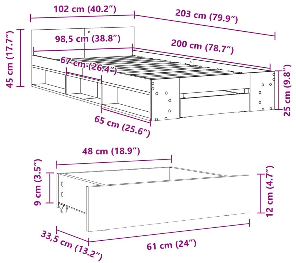 Πλαίσιο Κρεβατιού με συρτάρια Sonoma Δρυς 100x200εκ. Επεξ. Ξύλο - Καφέ