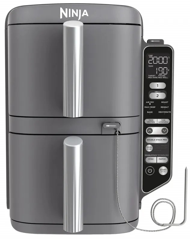 Ninja SL451EU Διπλή φριτέζα ζεστού αέρα, 2470W, 9,5L, ψηφιακό θερμόμετρο, 2 καλάθια, 6 προγράμματα, Max Crisp, Sync & Match, γκρι