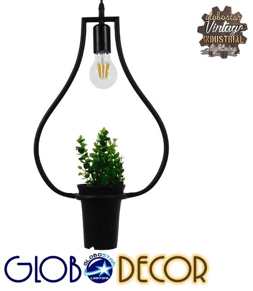 GloboStar® FLOWERPOT 10001210 Μοντέρνο Κρεμαστό Φωτιστικό Οροφής Μονόφωτο 1 x E27 Μαύρο Μεταλλικό με Διακοσμητικό Φυτό Φ27 x Y40cm