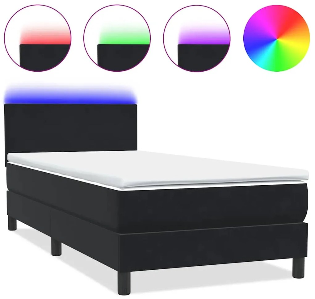 vidaXL Κρεβάτι Boxspring με Στρώμα &amp; LED Μαύρο 90x210 εκ. Βελούδινο