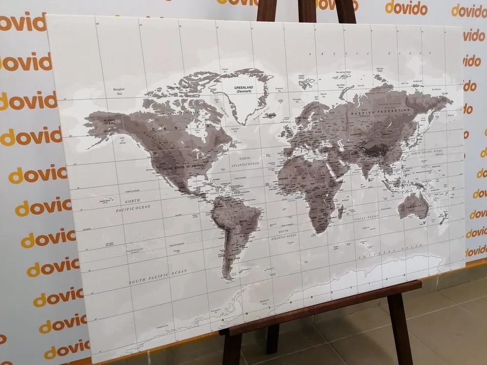 Εικόνα στο φελλό ενός όμορφου ασπρόμαυρου παγκόσμιου χάρτη - 120x80  wooden