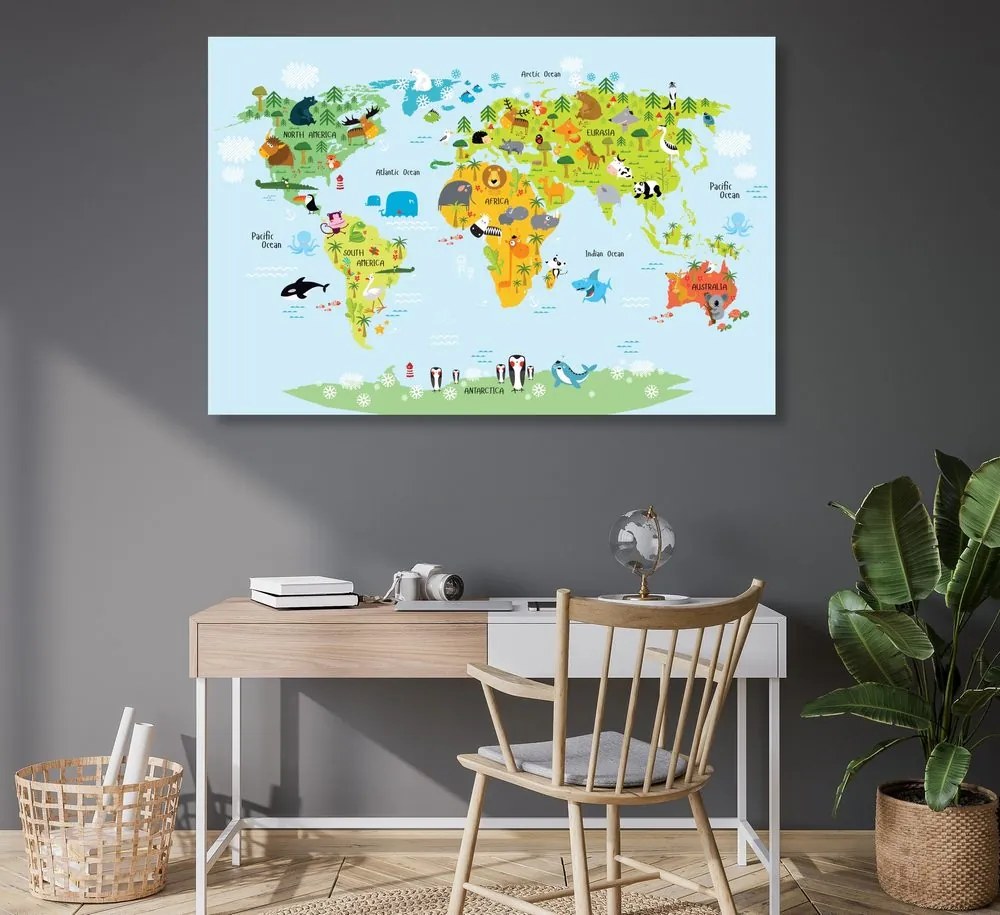 Εικόνα στο φελλό ενός παιδικού παγκόσμιου χάρτη με ζώα - 120x80  flags