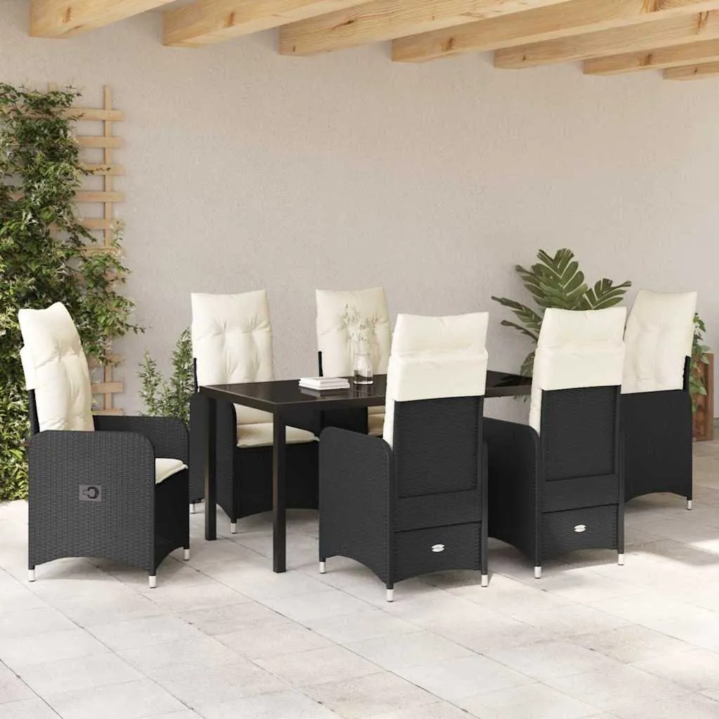 vidaXL Σέτ φαγητού για κήπο με μαξιλάρι 7 pcs Μαύρο Πολυ ράταν