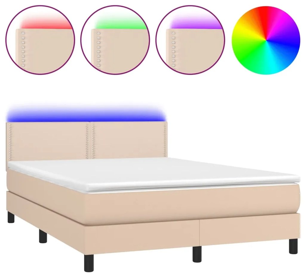 vidaXL Κρεβάτι Boxspring Στρώμα&LED Καπουτσίνο 140x190 εκ. Συνθ. Δέρμα