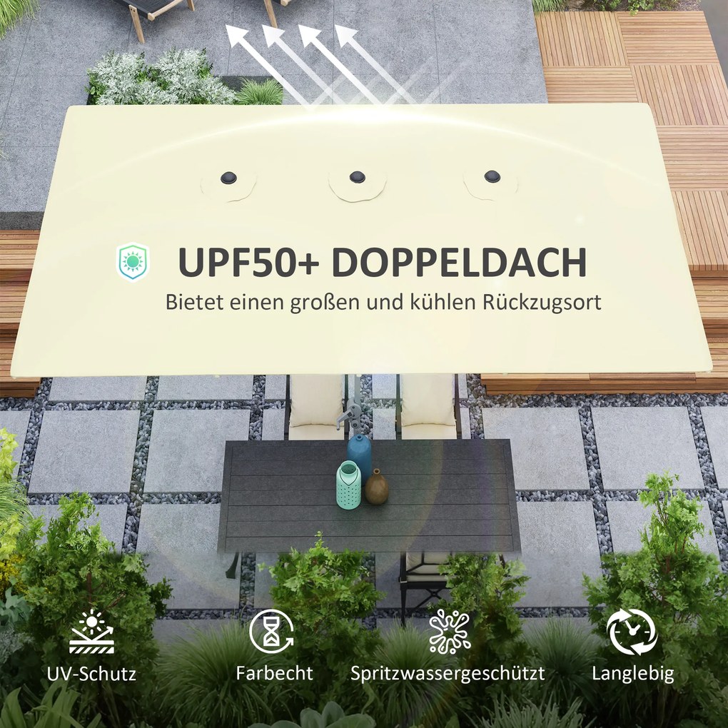 Outsunny Ομπρέλα διπλής όψης, 451 x 264 cm Ομπρέλα με σύστημα μανιβέλας, 12 μεταλλικές ακτίνες, ιστός αλουμινίου, κρεμ λευκό