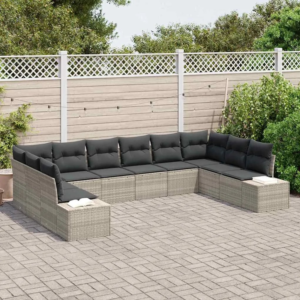 vidaXL Σετ Καναπέ Κήπου με μαξιλάρι 10 pcs Ανοιχτό γκρι Πολυ ράταν