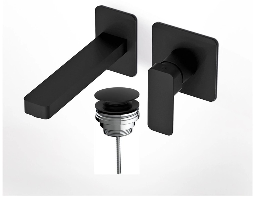 Eurorama Quadra Black Matt Μπαταρία Νιπτήρος Εντοιχισμού 2 Οπών+Βαλβίδα clic-clac